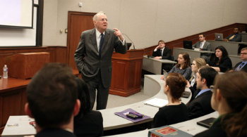 Justice Kennedy leads a discussion about the Court's jurisprudence during a 1L class.
