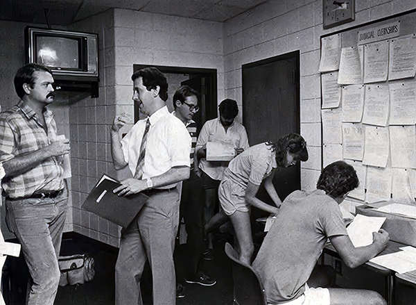 In fall 1986, Dean Kaplan works with students in a busy Placement Office.