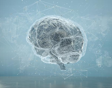 A picture of a 3d rendered brain with techy dots and lines over it