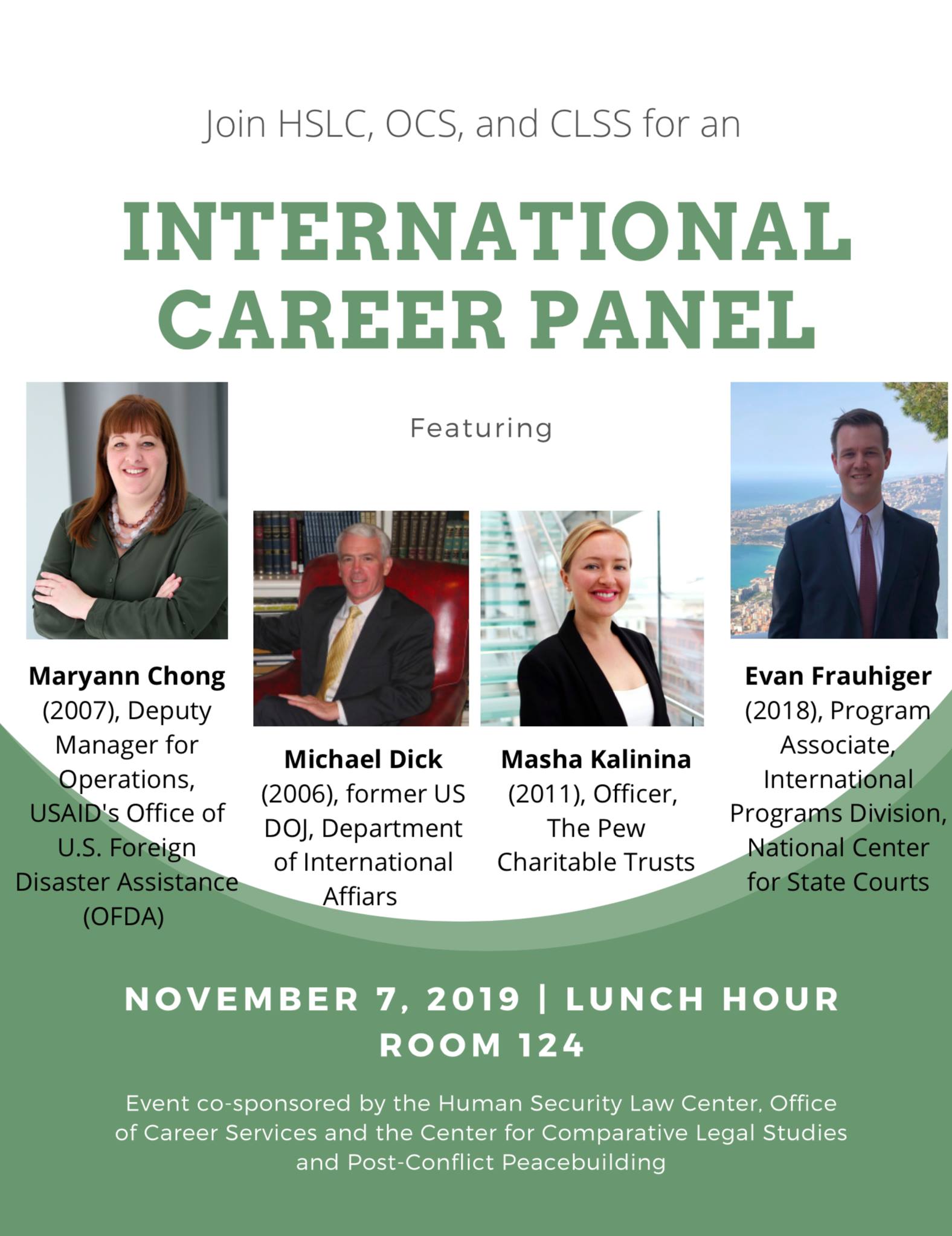 poster advertising the four speakers for a career panel with their headshot photographs