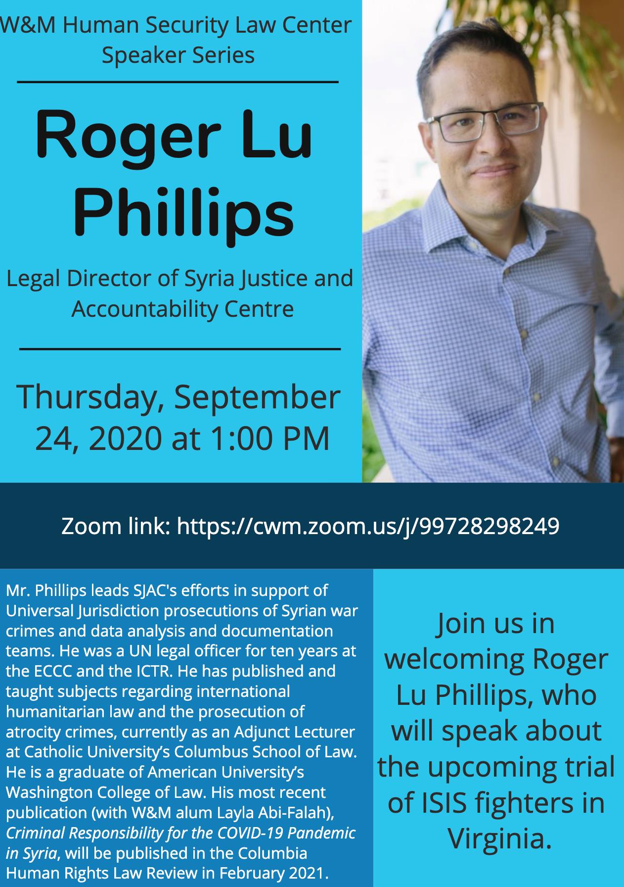Image of a poster advertising Roger Lu Phillip's speaker series discussion on Syria Justice and Accountability