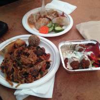 We bought food from three different stalls and split the spoils: Falafel, noodles, and dumplings
