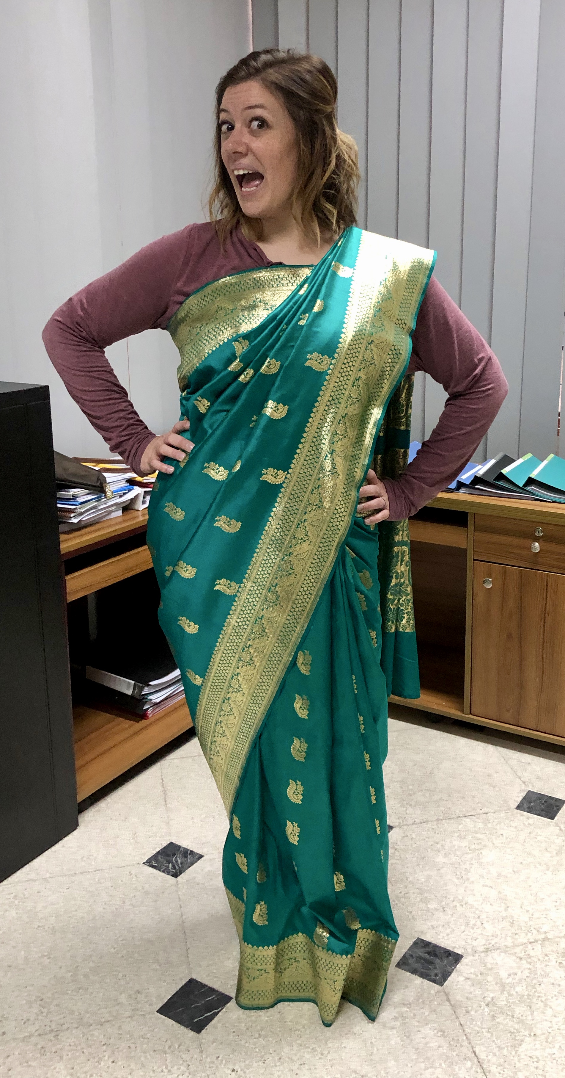 Trying on sarees at work