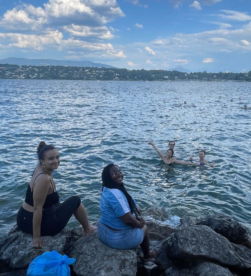 IBJ interns swimming in Lake Geneva after a day of work 