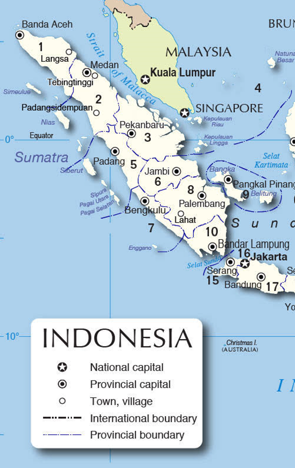 The island of Sumatra, divided by provinces.
