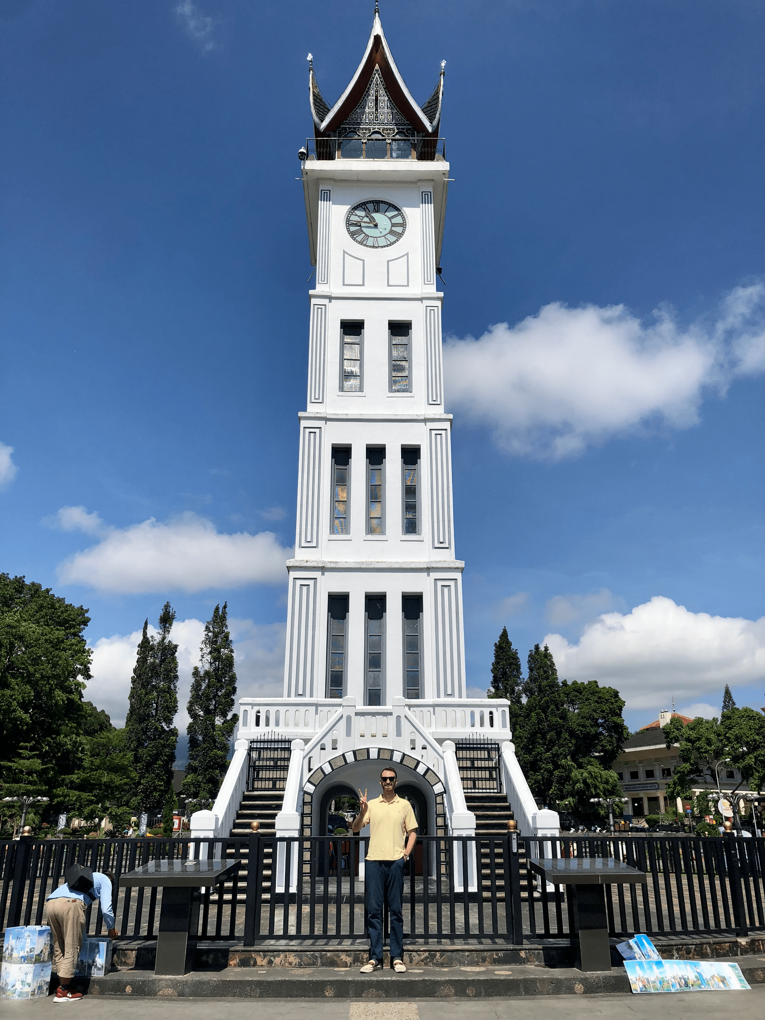 Back: the Jam Gadang (Big Clock) built by the Dutch in Bukittinggi, the colonial capital of Sumatra. Front: Gram Whidang (Big Dummy)