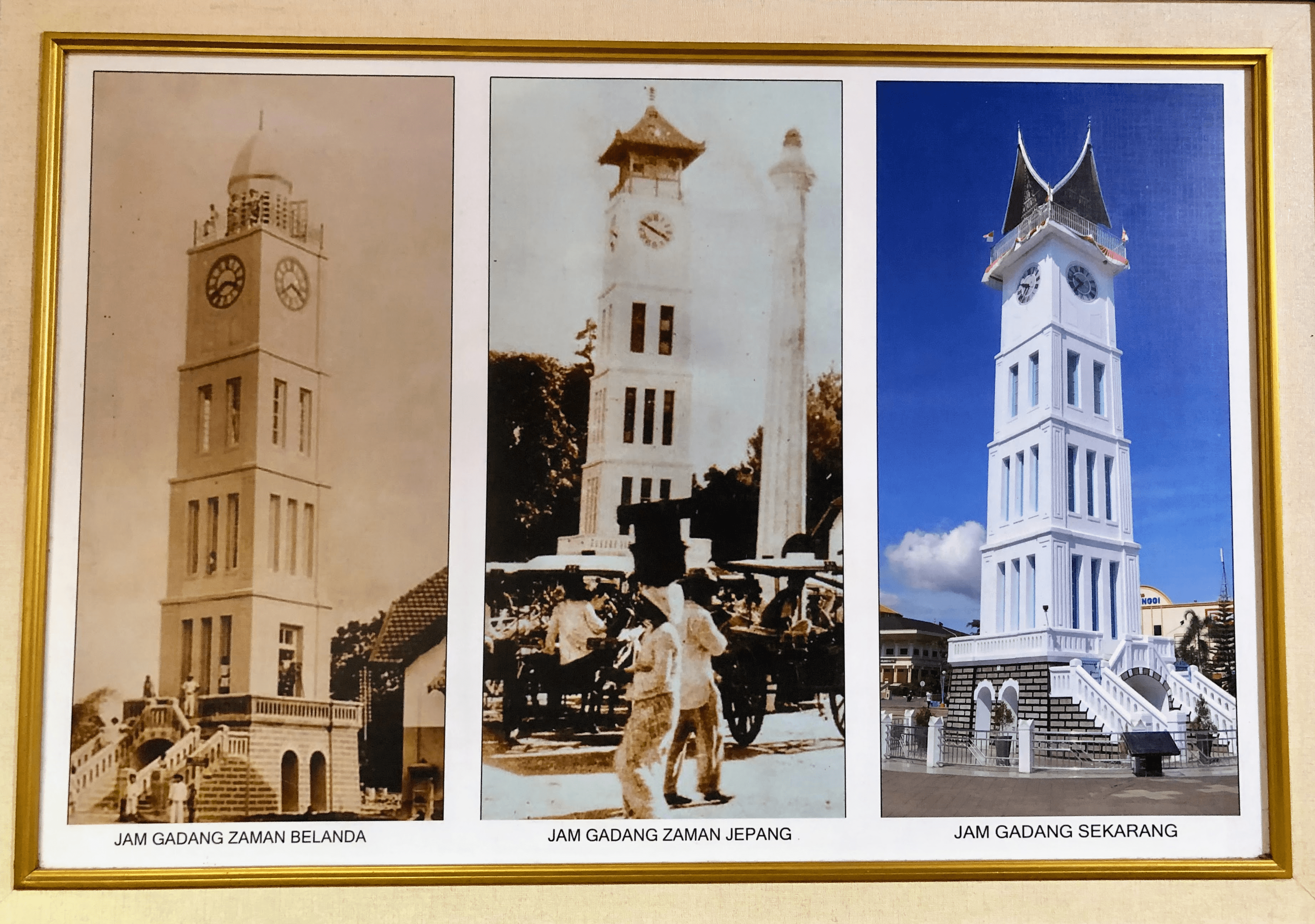 No image better captures the stages and shallowness of colonial rule than this panel of photographs of the Jam Gadang. Note the change in the tower's top.