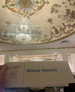 My name tag and the painted ceiling of the "Chinese Room" of the Mayflower Hotel