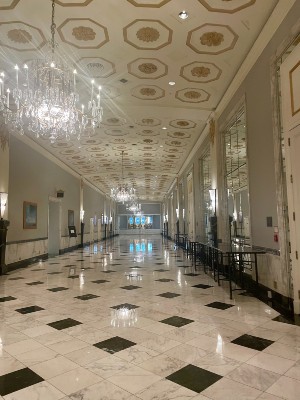 Hallway of chandeliers in the Mayflower Hotel