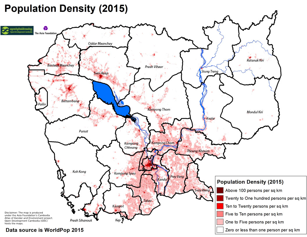2015 map of Cambodia's population density by province.