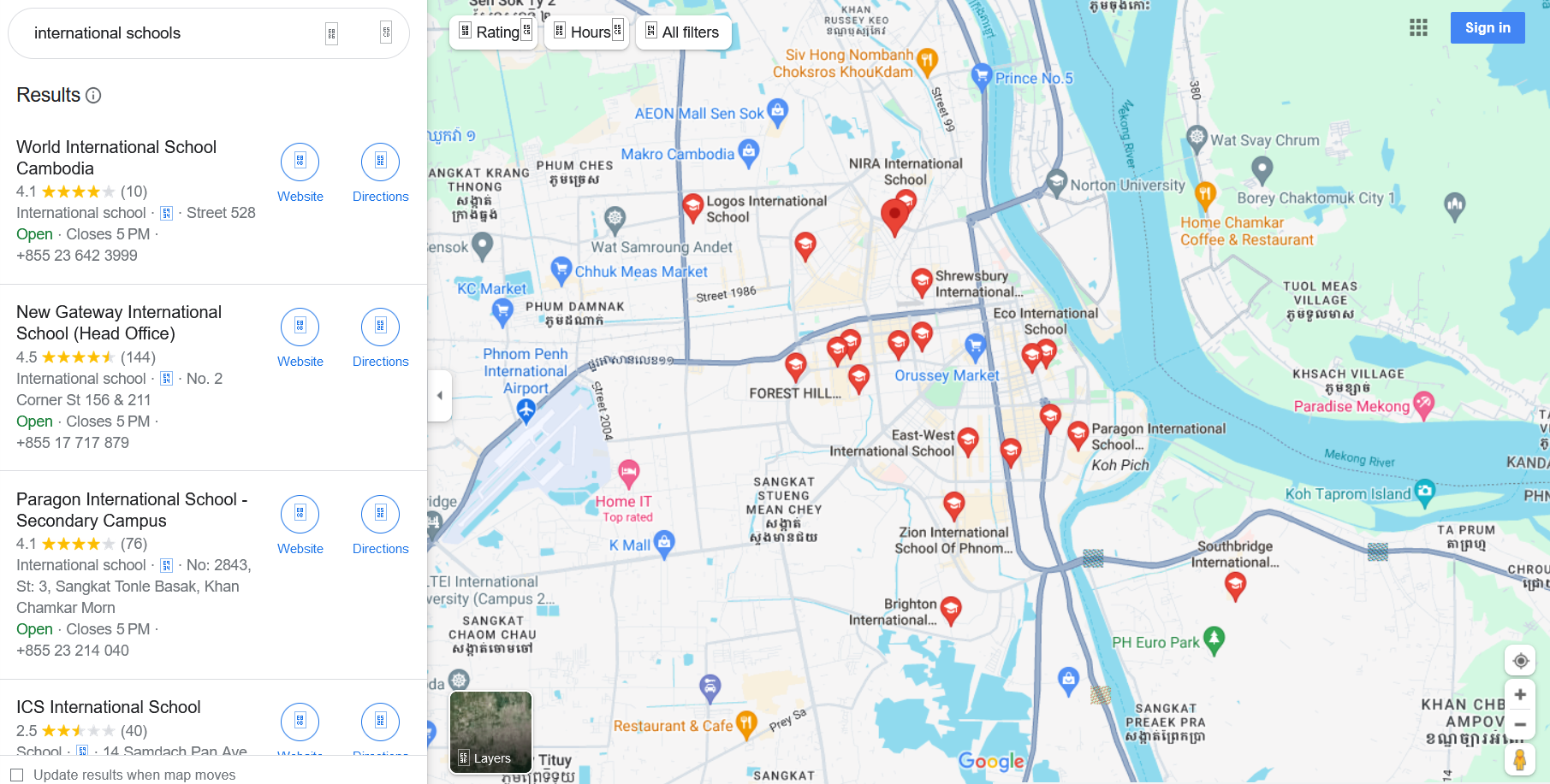 Map of international primary schools in Phnom Penh.