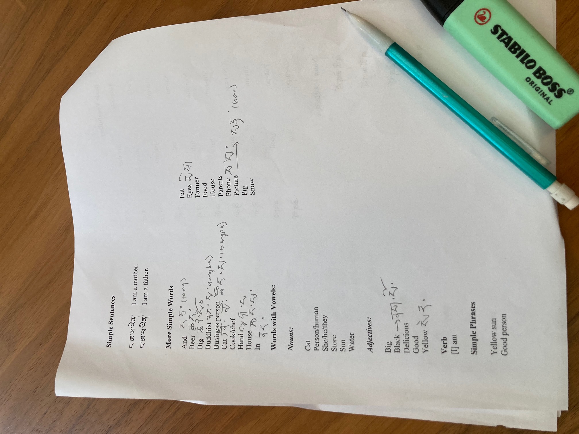 A small sample of words and phrases in Tibetan. The Tibetan language has thirty letters in its alphabet plus four vowels, and it is a written in a beautiful script (though not so beautiful in my beginner's handwriting!)