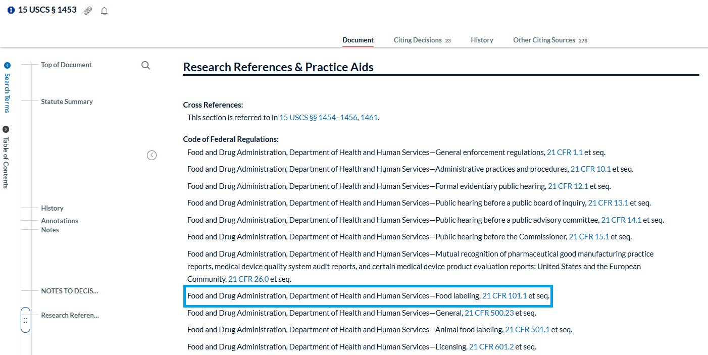 Screenshot from Lexis of 15 USC section 1453. Select Research References & Practice Aids to find a selective list of regulations that administrative agencies have created under the authority of this US Code section.