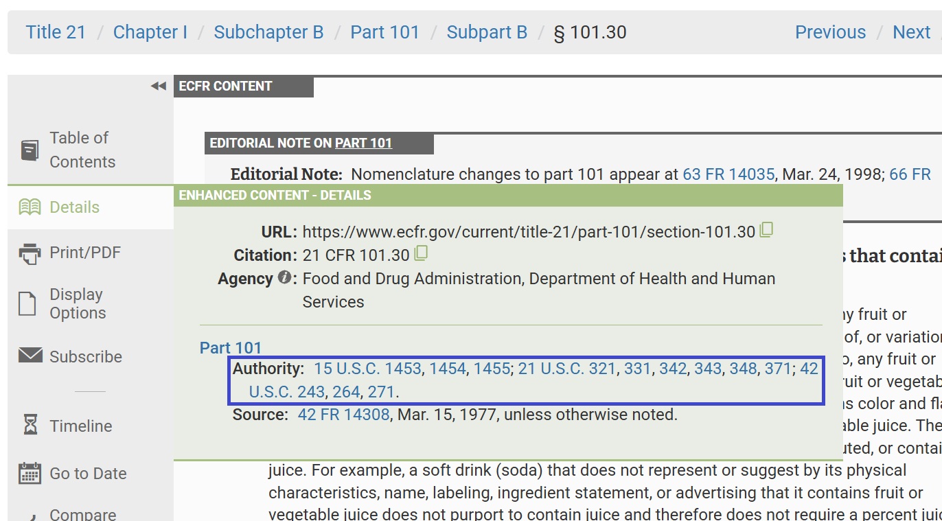Screenshot of a CFR section from the eCFR website. Select "Details" on the navigation menu on the left of the screen to find the Authority information.