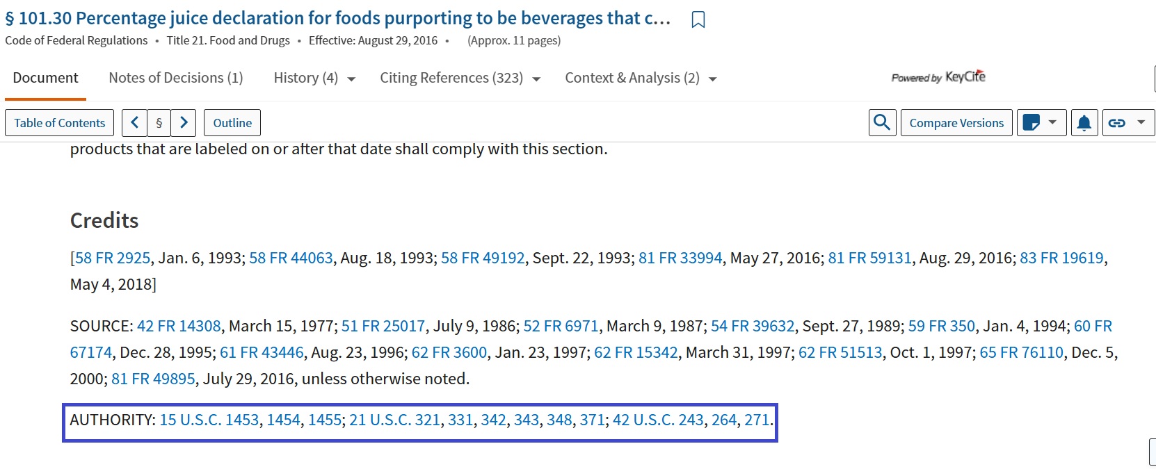 Screenshot from a CFR section in Westlaw. The authority information is after the text of the regulation at the bottom of the page.