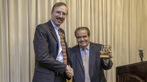 Dean Davison M. Douglas presented Justice Scalia with the Marshall-Wythe Medallion, the highest honor given by the law faculty, in 2012.