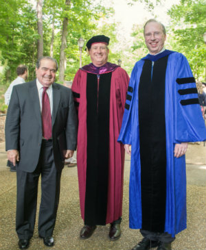 Justice Scalia, and, from left, Professor Alan J. Meese, and Dean Davison M. Douglas at the 2014 Diploma Ceremony