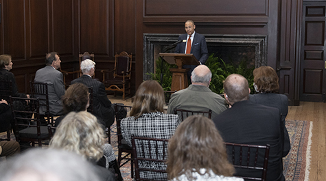  Dean Spencer hosted the event and welcomed faculty and friends to the historic Great Hall of the Wren Building on William & Mary's main campus. The Wren Building was the original home of the Law School.