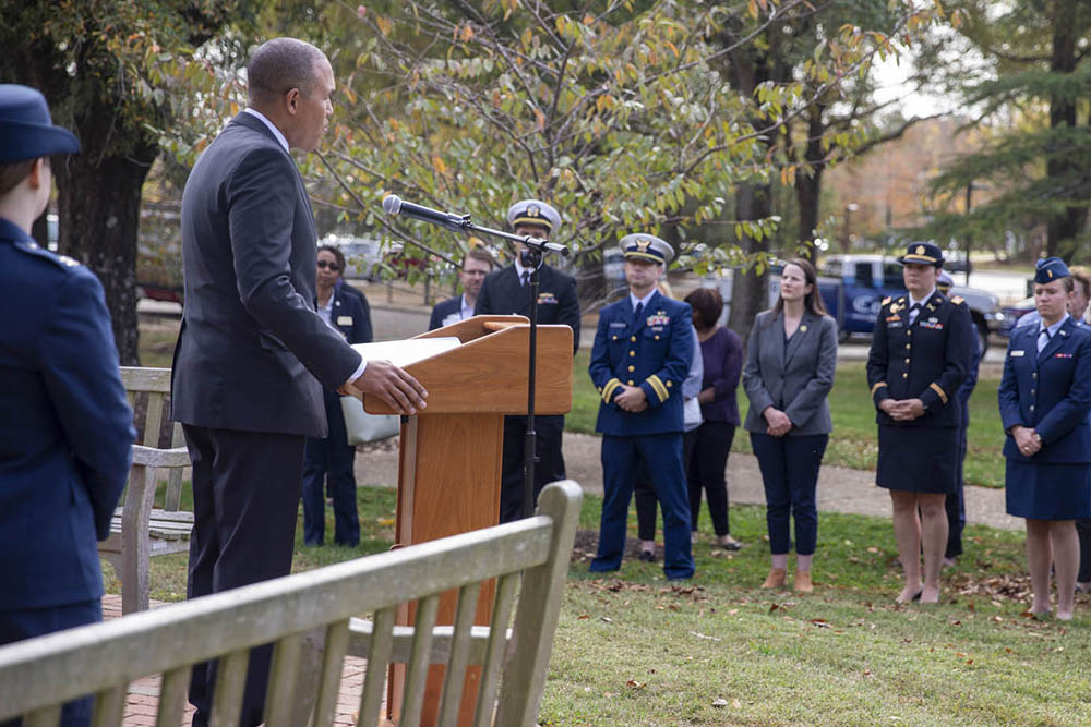In November 2022, Dean Spencer addressed guests during W&M Law School's traditional observation of Veterans Day.