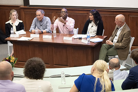 The final panel, “What’s Next for the Second Amendment?” with Sarah Harris, Irv Gornstein, Fred Smith, Easha Anand and Adam Liptak (moderator).