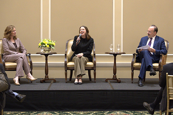 Justice Barrett fielded questions from Professor Allison Orr Larsen and Professor Jonathan Adler. Photo: Elizabeth Blackney