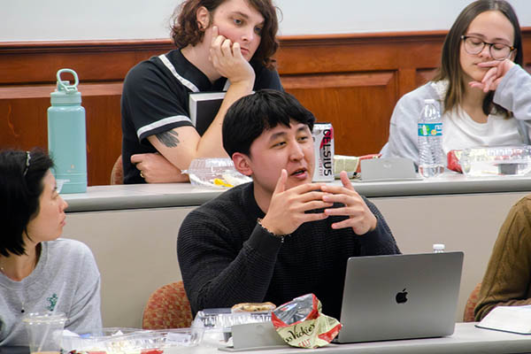 Leo Li ’27, asked about Professor Katyal’s decision not to include images of artist Sam Durant's “Scaffold” itself in her presentation.