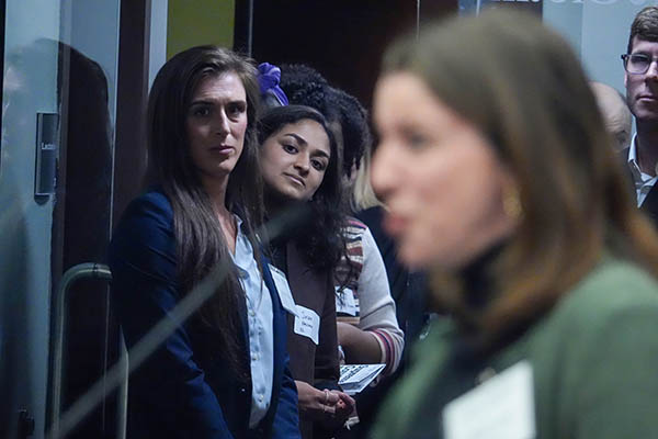 Molly Moro '27, IBRL student president (left), served as courtroom bailiff during the Moot Court. Photo: David F. Morrill